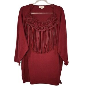 UMGEE Burgundy Macrame Fringe Neckline Long Sleeve Tunic Top Women‎ Large